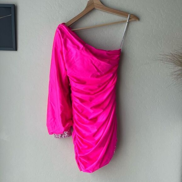 Sophia Thomas 8521 Hot Pink Ruched One Shoulder Rhinestone Cuff Mini Dress Sz 4 - Picture 2 of 9